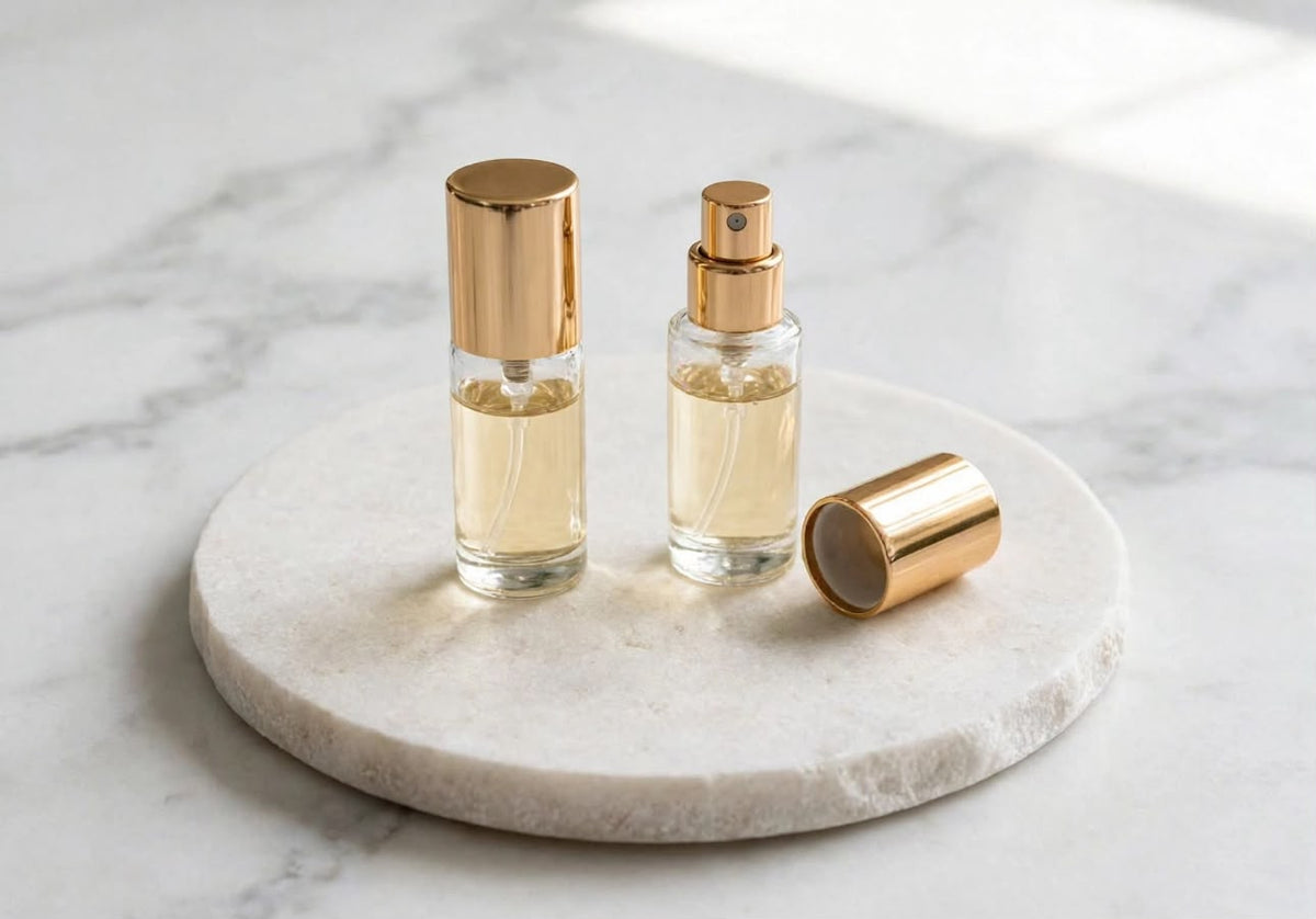 Adele Or eau de parfum sample — gold spray vials on marble
