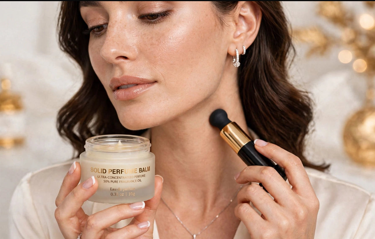 Adele Or solid perfume balm held by model with applicator